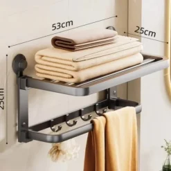 TAILI Aluminum Alloy Suction Cup Towel Rack with Towel Bar Holder, No Drill Foldable Towel Shelf with Hooks,Towel Storage Organizer for Bathroom Bath Shower