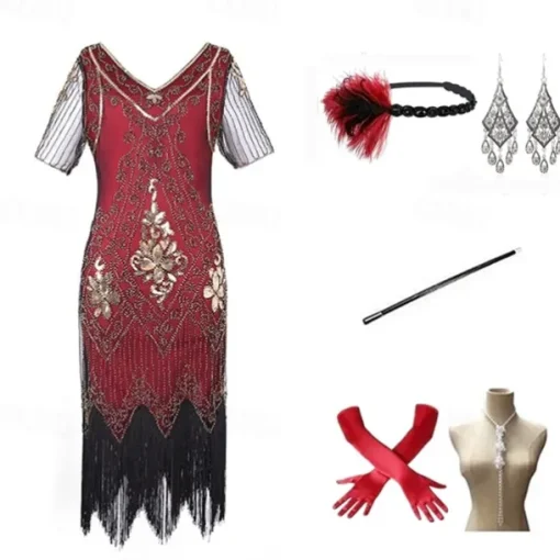 The Great Gatsby Midi Flapper Dress Dress Outfits The Great Gatsby Wedding Guest Sequins Tassel Fringe Sequin Tassel V Neck Fancy Dress Women's Masquerade Prom Party & Evening Wedding Reception