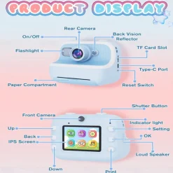 The new children's camera Polaroid camera takes photos records videos and prints immediately. The camera has high-definition pixels