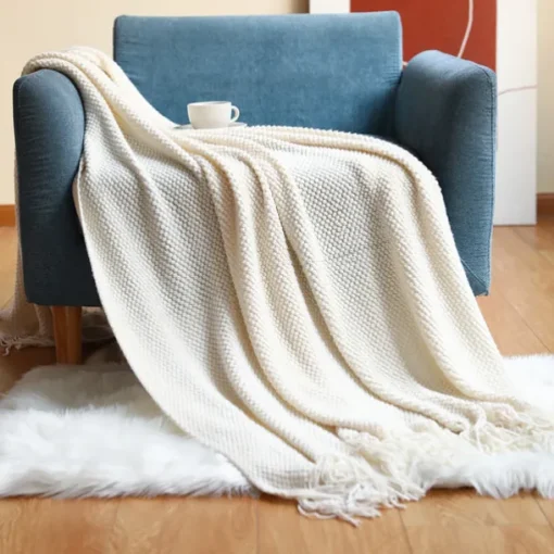 Throw Blanket White for Couch Sofa Chair Bed Knitted Decorative Soft Warm Cozy Light Weight for Spring Summer