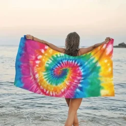 Tie Dye Beach Towel, Sand Free Hippie Color Beach Towels Oversized, Sup Soft Large Bath Towel, Water Absorbent Bathroom Towel for Men, Women, Travel, Swim, Camp, 32 x 64 Inch
