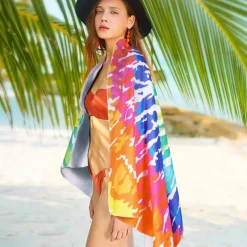 Tie Dye Beach Towel, Sand Free Hippie Color Beach Towels Oversized, Sup Soft Large Bath Towel, Water Absorbent Bathroom Towel for Men, Women, Travel, Swim, Camp, 32 x 64 Inch