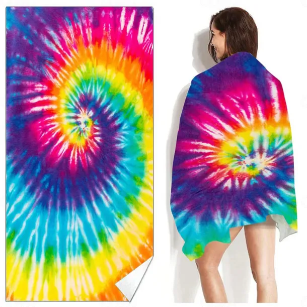 Tie Dye Beach Towel, Sand Free Hippie Color Beach Towels Oversized, Sup Soft Large Bath Towel, Water Absorbent Bathroom Towel for Men, Women, Travel, Swim, Camp, 32 x 64 Inch