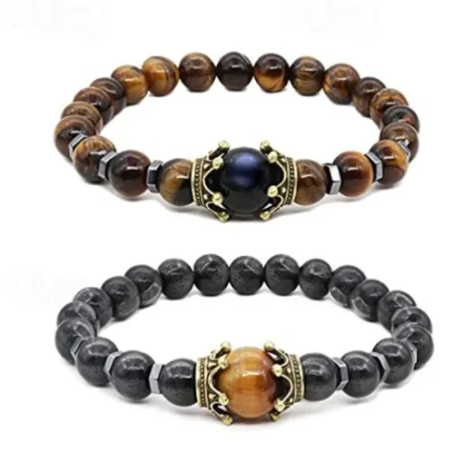 tiger eye bracelet set therapy hematite magnetic bracelets bracelets bring luck crown king queen natural stone beads couple bracelet for men women (a)