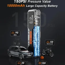 Tire Inflator Portable Air Compressor 4X Air Pump for Car Tires 150PSI&10000mAh Portable Tire Inflator for Car 12DC Air Pump