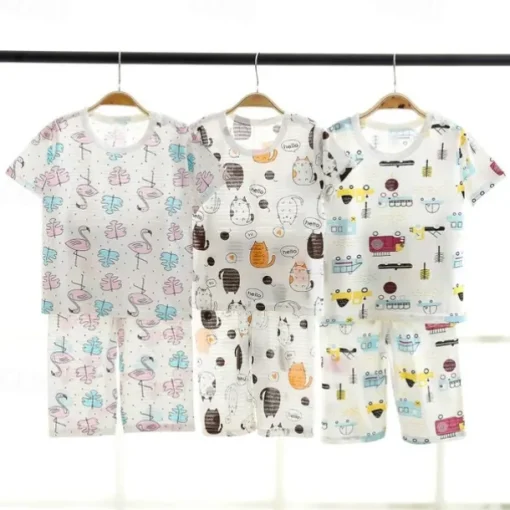 Toddler Boys 2 Pieces Pajama Sets Short Sleeve White Pink Navy Blue Animal Cartoon Crewneck Summer Spring Basic Home 3-7 Years