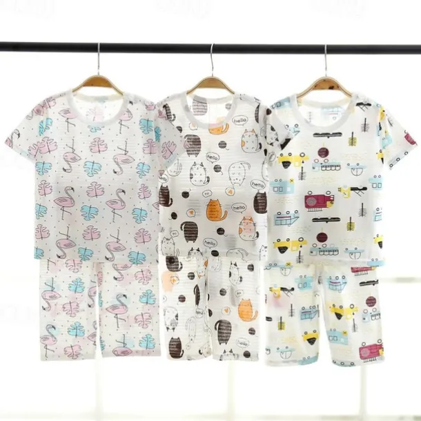 Toddler Boys 2 Pieces Pajama Sets Short Sleeve White Pink Navy Blue Animal Cartoon Crewneck Summer Spring Basic Home 3-7 Years