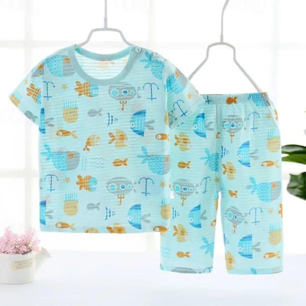 Toddler Boys 2 Pieces Pajama Sets Short Sleeve White Pink Navy Blue Animal Cartoon Crewneck Summer Spring Basic Home 3-7 Years
