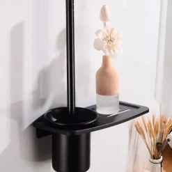 Toilet Brush Holder Set Aluminum Material Include Bathroom Toilet Brush and Toilet Brush Holder Wall Mounted Black 1Set