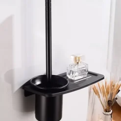 Toilet Brush Holder Set Aluminum Material Include Bathroom Toilet Brush and Toilet Brush Holder Wall Mounted Black 1Set