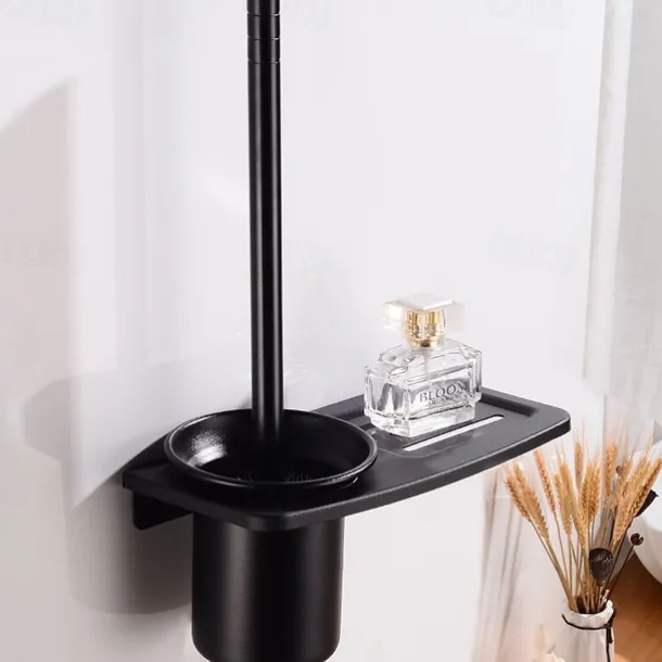 Toilet Brush Holder Set Aluminum Material Include Bathroom Toilet Brush and Toilet Brush Holder Wall Mounted Black 1Set