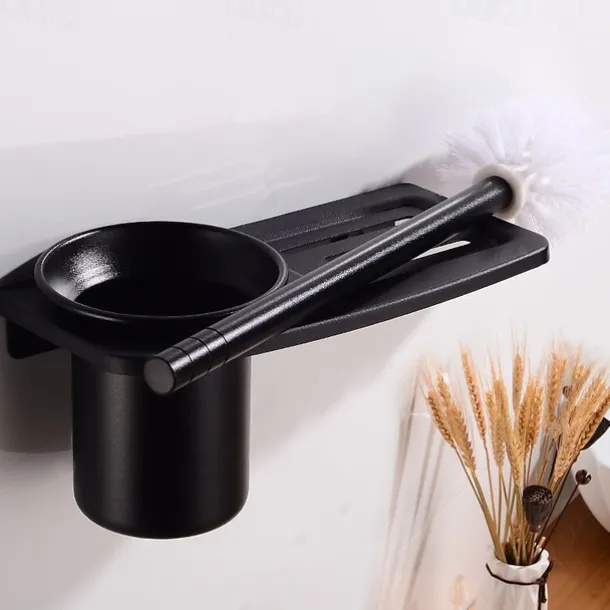 Toilet Brush Holder Set Aluminum Material Include Bathroom Toilet Brush and Toilet Brush Holder Wall Mounted Black 1Set
