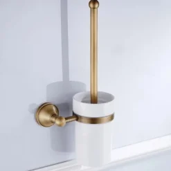 Toilet Brush with Holder,Antique Brass Ceramics Wall Mounted Rubber Painted Toilet Bowl Brush and Holder for Bathroom