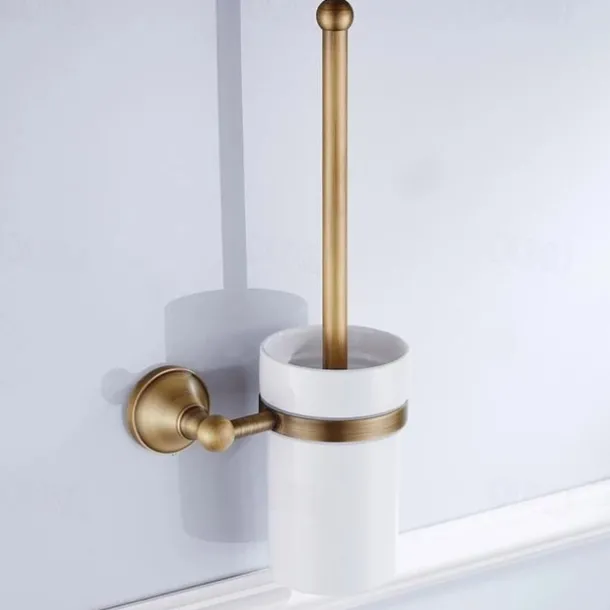 Toilet Brush with Holder,Antique Brass Ceramics Wall Mounted Rubber Painted Toilet Bowl Brush and Holder for Bathroom