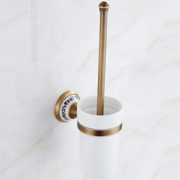 Toilet Brush with Holder,Antique Brass Ceramics Wall Mounted Rubber Painted Toilet Bowl Brush and Holder for Bathroom