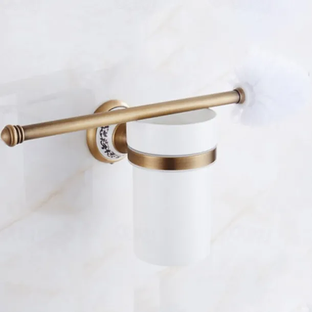 Toilet Brush with Holder,Antique Brass Ceramics Wall Mounted Rubber Painted Toilet Bowl Brush and Holder for Bathroom