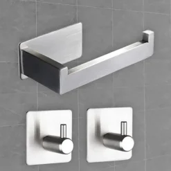 Toilet Paper Holder and 2 Wall Hooks Sets,No Drilling Self-Adhesive Toilet Roll Holder&Robe Hooks Stainless Steel Toilet Roll Holder Toilet Roll Holder Paper Holder for Kitchen and Bathroom Black