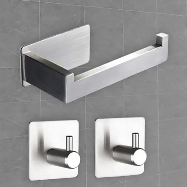 Toilet Paper Holder and 2 Wall Hooks Sets,No Drilling Self-Adhesive Toilet Roll Holder&Robe Hooks Stainless Steel Toilet Roll Holder Toilet Roll Holder Paper Holder for Kitchen and Bathroom Black