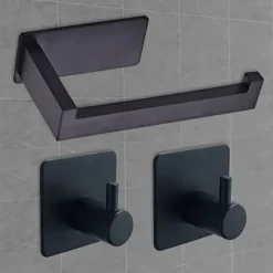 Toilet Paper Holder and 2 Wall Hooks Sets,No Drilling Self-Adhesive Toilet Roll Holder&Robe Hooks Stainless Steel Toilet Roll Holder Toilet Roll Holder Paper Holder for Kitchen and Bathroom Black
