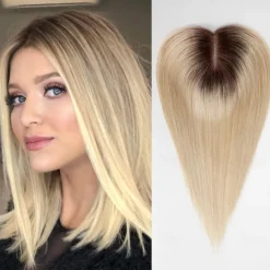 Toppers for WomenTop Hairpieces 100% Real Human Hair with bangs Human Hair Toppers with 3 Clips Swiss Lace Base Hand-Tied Hair lossing/Thinning Gray hair 12inch Ombre Light Blonde