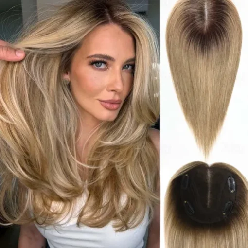 Toppers for WomenTop Hairpieces 100% Real Human Hair with bangs Human Hair Toppers with 3 Clips Swiss Lace Base Hand-Tied Hair lossing/Thinning Gray hair 12inch Ombre Light Blonde