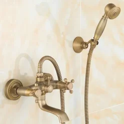Traditional Shower System Faucet Set with Bathtub Spout with Heldhand Handshower Spray, Vintage Brass Dual Spout Wall Mounted Ceramic Mixer Valve