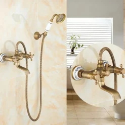 Traditional Shower System Faucet Set with Bathtub Spout with Heldhand Handshower Spray, Vintage Brass Dual Spout Wall Mounted Ceramic Mixer Valve