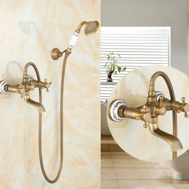 Traditional Shower System Faucet Set with Bathtub Spout with Heldhand Handshower Spray, Vintage Brass Dual Spout Wall Mounted Ceramic Mixer Valve