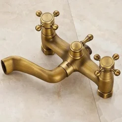 Traditional Shower System Faucet Set with Bathtub Spout with Heldhand Handshower Spray, Vintage Brass Dual Spout Wall Mounted Ceramic Mixer Valve