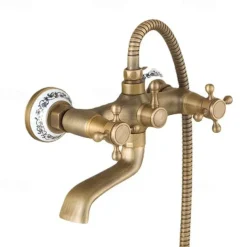 Traditional Shower System Faucet Set with Bathtub Spout with Heldhand Handshower Spray, Vintage Brass Dual Spout Wall Mounted Ceramic Mixer Valve