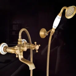 Traditional Shower System Faucet Set with Bathtub Spout with Heldhand Handshower Spray, Vintage Brass Dual Spout Wall Mounted Ceramic Mixer Valve