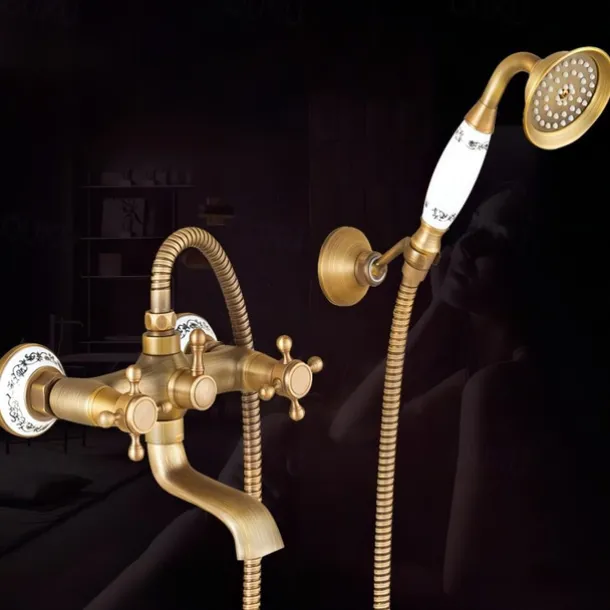 Traditional Shower System Faucet Set with Bathtub Spout with Heldhand Handshower Spray, Vintage Brass Dual Spout Wall Mounted Ceramic Mixer Valve
