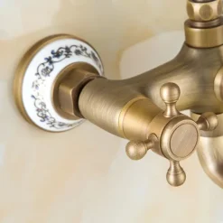 Traditional Shower System Faucet Set with Bathtub Spout with Heldhand Handshower Spray, Vintage Brass Dual Spout Wall Mounted Ceramic Mixer Valve