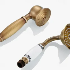 Traditional Shower System Faucet Set with Bathtub Spout with Heldhand Handshower Spray, Vintage Brass Dual Spout Wall Mounted Ceramic Mixer Valve