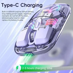 Transparent Dual-Mode Mice BT5.0 2.4G One-Button Switching Type-C 400mAh Rechargeable Mouse Three-Level Movement Speed Adjustable RGB Lights Magnetic PC Cover Custom Drivers