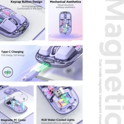 Transparent Dual-Mode Mice BT5.0 2.4G One-Button Switching Type-C 400mAh Rechargeable Mouse Three-Level Movement Speed Adjustable RGB Lights Magnetic PC Cover Custom Drivers
