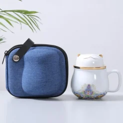 Travel Tea Set Ceramic Portable Lucky Cat Tea Mug - Perfect for Travel, Office, or as a Gift!