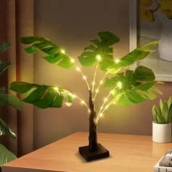 Tropical Palm Leaf Desk Lamp, USB & Battery Powered for Bedroom & Outdoor, Push Button Control, Hawaiian Party Decoration - Batteries Not Included