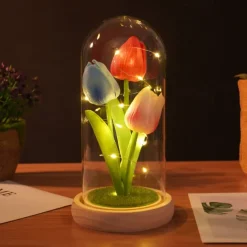 Tulip Glass Cover Creative Night Light for Home Bedroom Decor Mother's Day Valentine's Day Best Gift Battery Power Birthday Gift for Friends