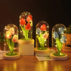 Tulip Glass Cover Creative Night Light for Home Bedroom Decor Mother's Day Valentine's Day Best Gift Battery Power Birthday Gift for Friends