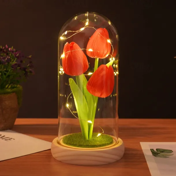 Tulip Glass Cover Creative Night Light for Home Bedroom Decor Mother's Day Valentine's Day Best Gift Battery Power Birthday Gift for Friends