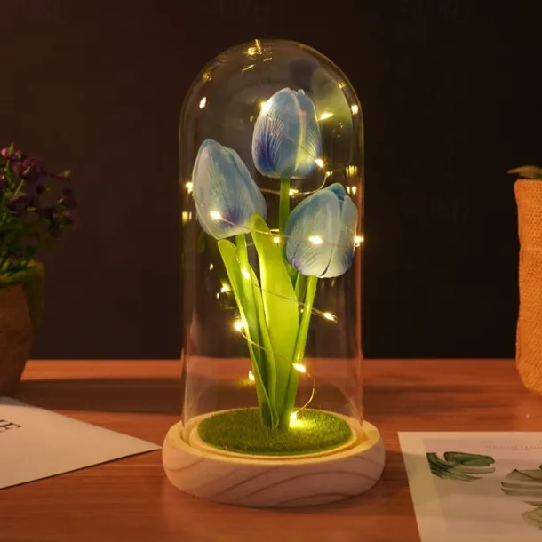 Tulip Glass Cover Creative Night Light for Home Bedroom Decor Mother's Day Valentine's Day Best Gift Battery Power Birthday Gift for Friends