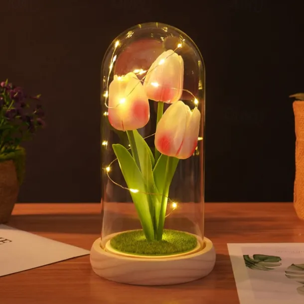 Tulip Glass Cover Creative Night Light for Home Bedroom Decor Mother's Day Valentine's Day Best Gift Battery Power Birthday Gift for Friends