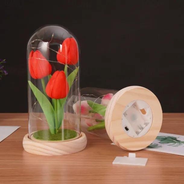 Tulip Glass Cover Creative Night Light for Home Bedroom Decor Mother's Day Valentine's Day Best Gift Battery Power Birthday Gift for Friends