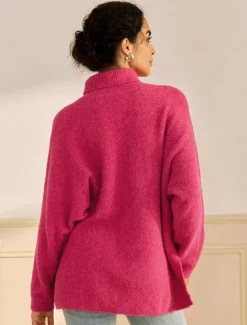 Turtleneck Ribbed Knit Wool Blend Drop Shoulder Batwing Sleeve Pullover Sweater