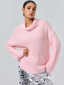 Turtleneck Ribbed Knit Wool Sequins Drop Shoulder Casual Daily Sweater