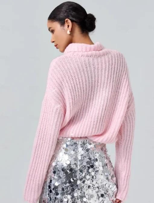 Turtleneck Ribbed Knit Wool Sequins Drop Shoulder Casual Daily Sweater