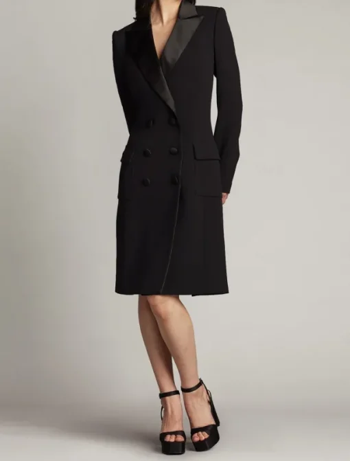 Tuxedo Dress Blazer Dress Sheath / Column Mother of the Bride Dress Elegant Simple Luxurious V Neck Peak Lapel Midi Length Satin Crepe Long Sleeve