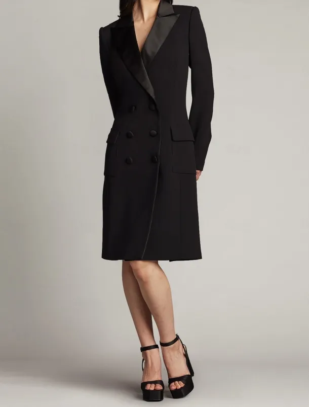 Tuxedo Dress Blazer Dress Sheath / Column Mother of the Bride Dress Elegant Simple Luxurious V Neck Peak Lapel Midi Length Satin Crepe Long Sleeve