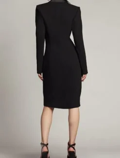 Tuxedo Dress Blazer Dress Sheath / Column Mother of the Bride Dress Elegant Simple Luxurious V Neck Peak Lapel Midi Length Satin Crepe Long Sleeve